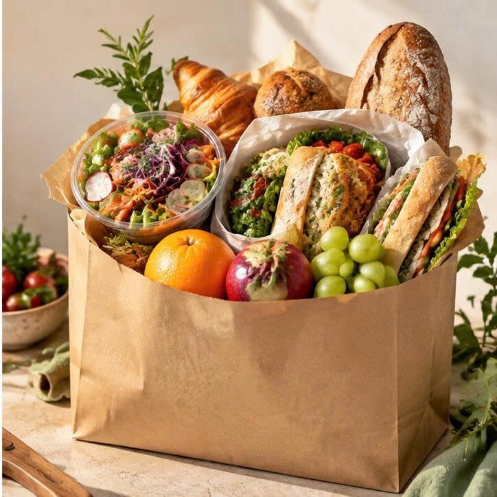 Premium Bag — túi giấy lớn đầy ắp món ăn và trái cây