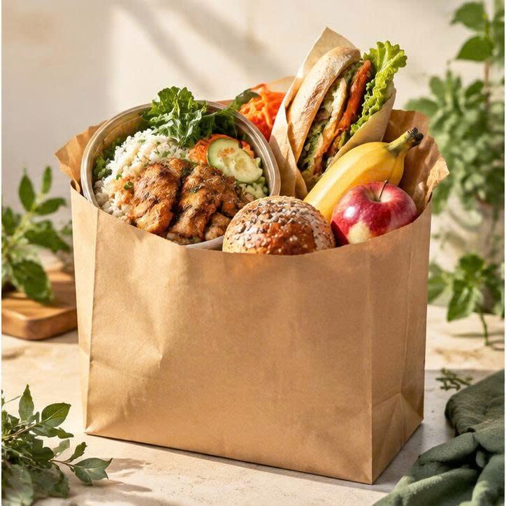 Standard Bag — túi giấy với cơm, sandwich và trái cây